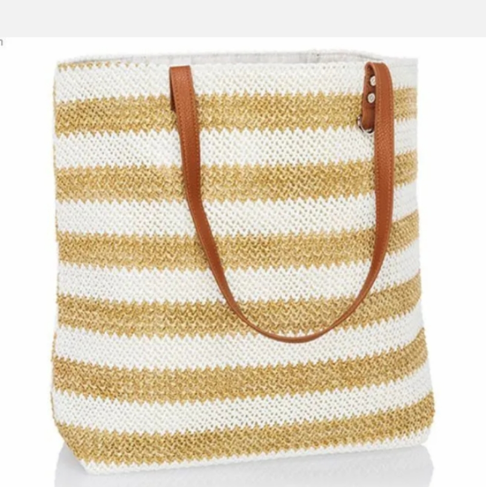 NEW Thirty One Around town tote. White and gold striped straw.